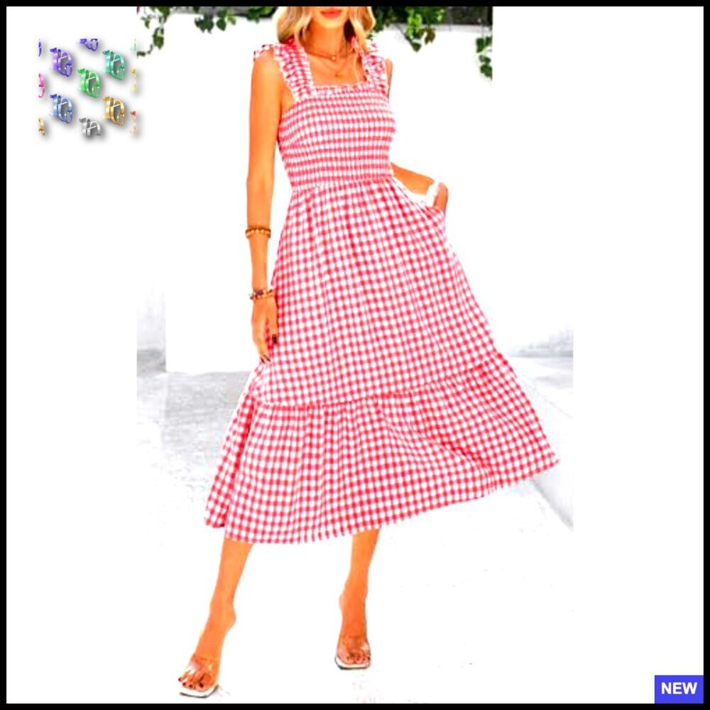 Square Neck Ruffle Strap Smocked Midi Dress Flowy A-Line Gingham Casual Chic - Picture 6 of 7